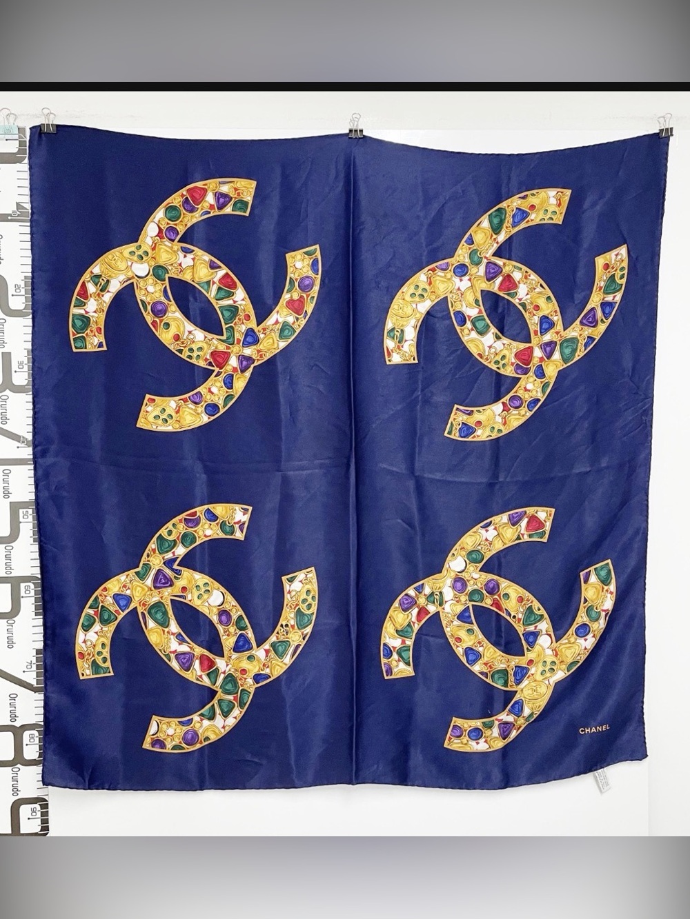 CHANEL Navy Silk Scarf with Gold Jeweled CC Motifs